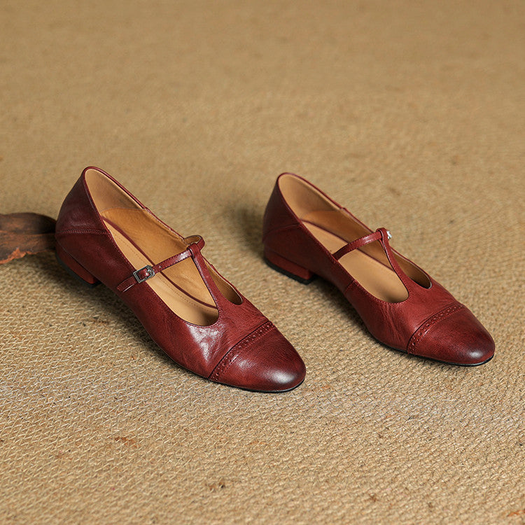 Women's Classic Mary Jane Shoes - T-Strap Buckle - Cowhide Leather - Low Heel