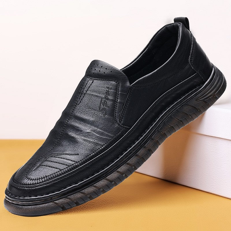 Men's Leather Slip-On Loafers - Textured Upper - Rubber Sole