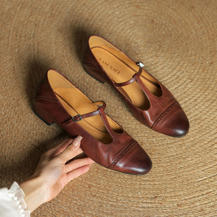 Women's Classic Mary Jane Shoes - T-Strap Buckle - Cowhide Leather - Low Heel