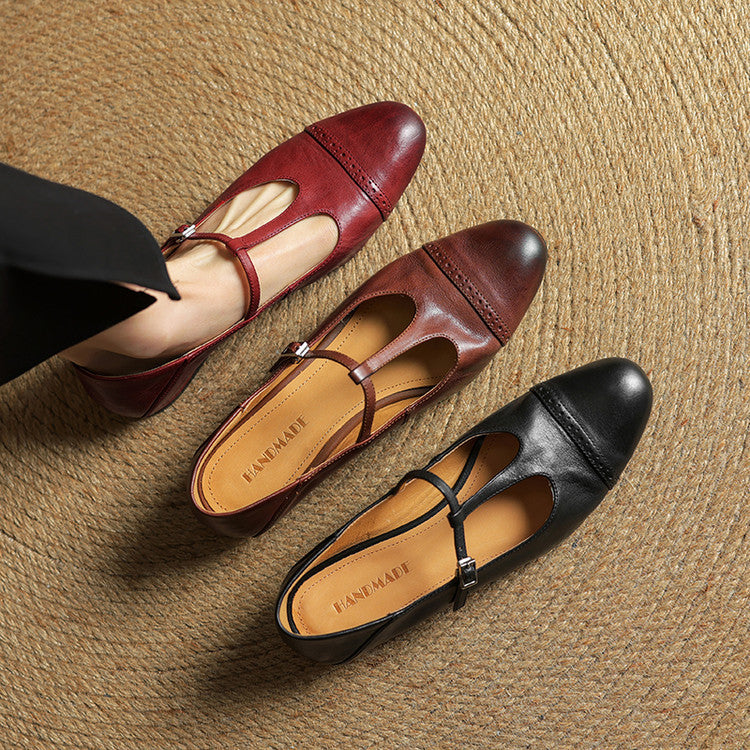 Women's Classic Mary Jane Shoes - T-Strap Buckle - Cowhide Leather - Low Heel