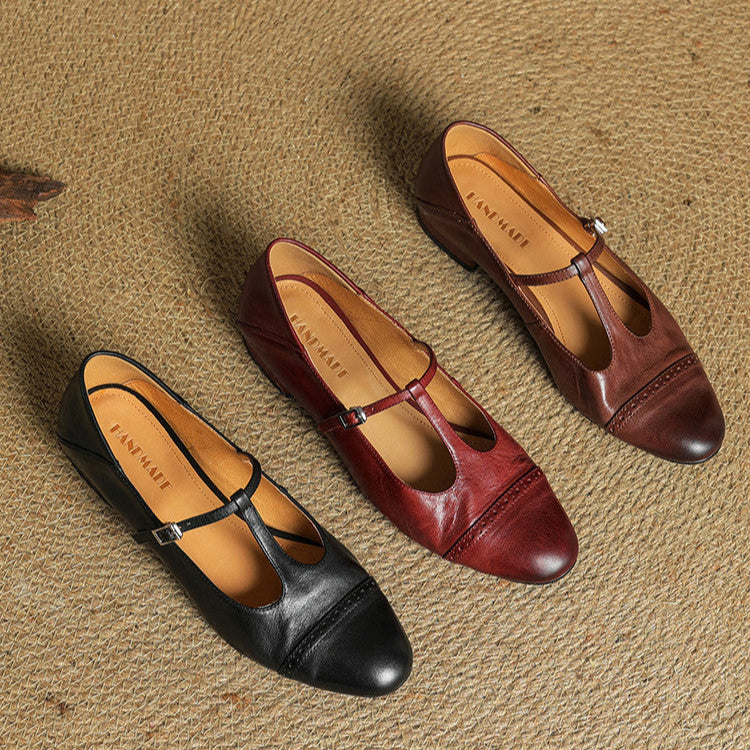 Women's Classic Mary Jane Shoes - T-Strap Buckle - Cowhide Leather - Low Heel