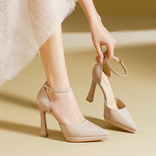 Women’s Patent Leather Ankle Strap High Heels – Elegant Pointed Toe Pumps