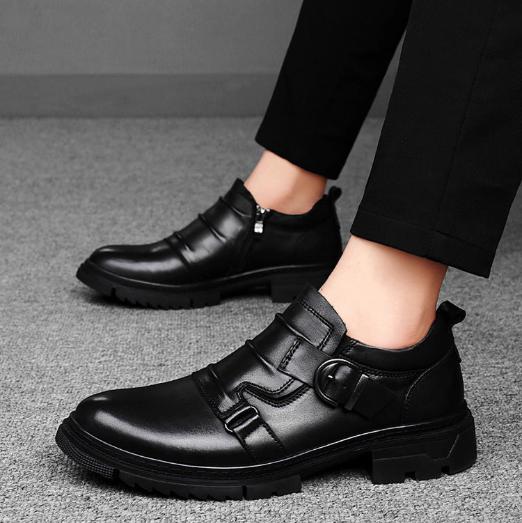 Men’s Buckle Strap Leather Shoes – Casual Smart Slip-On with Side Zipper