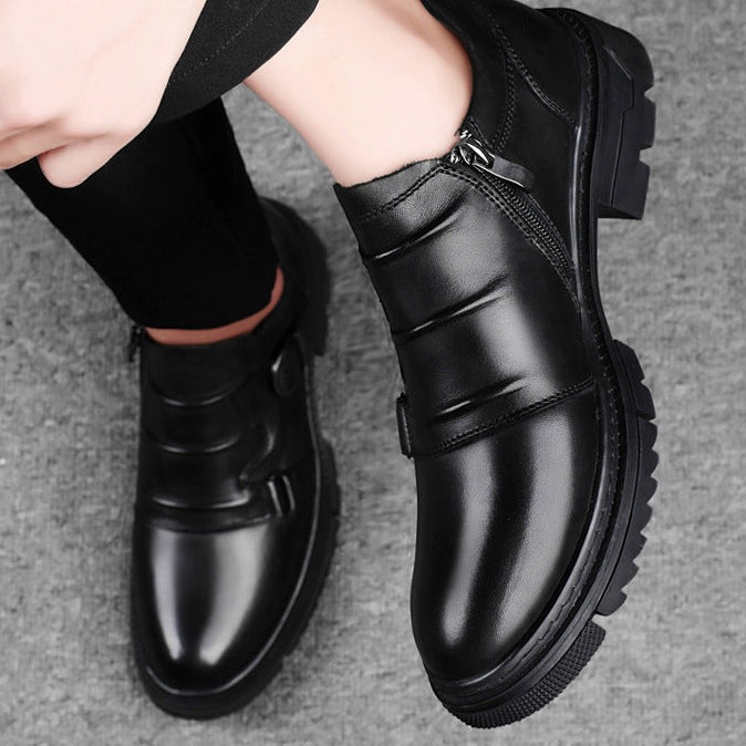 Men’s Buckle Strap Leather Shoes – Casual Smart Slip-On with Side Zipper