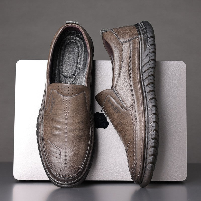 Men's Leather Slip-On Loafers - Textured Upper - Rubber Sole