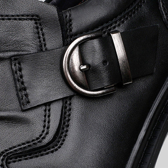 Men’s Buckle Strap Leather Shoes – Casual Smart Slip-On with Side Zipper