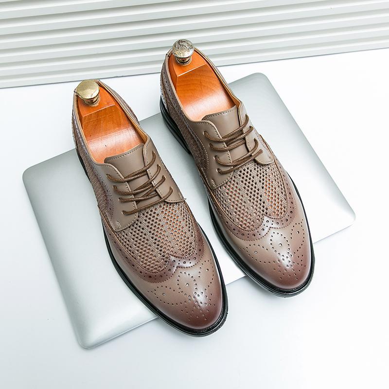 Men’s Almond Toe Lace-Up Dress Shoes with Perforated Wingtip Detail and Block Heel