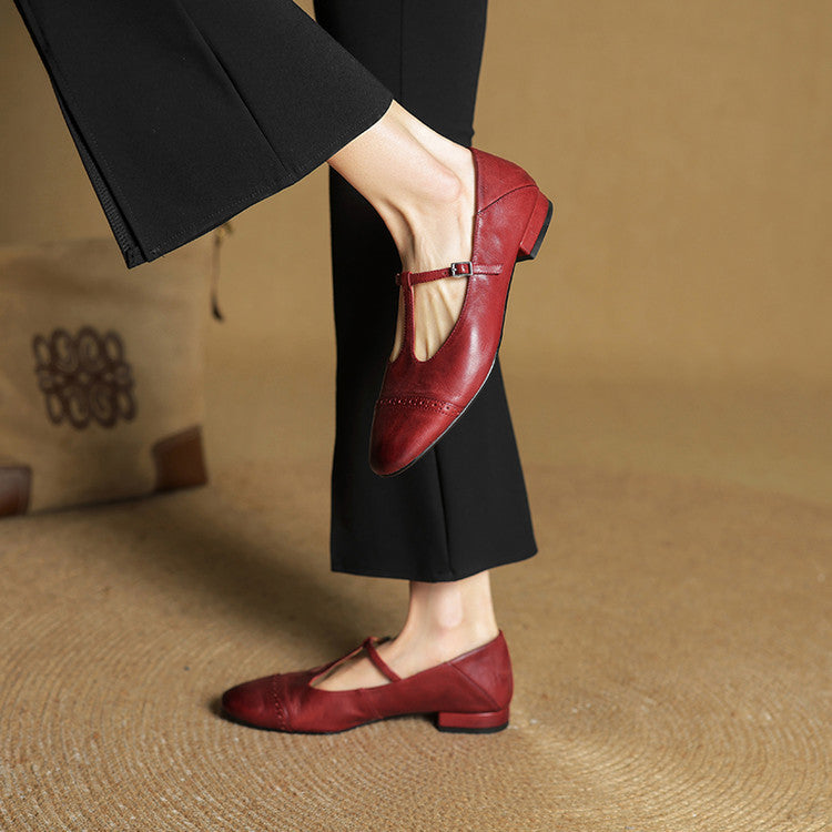 Women's Classic Mary Jane Shoes - T-Strap Buckle - Cowhide Leather - Low Heel