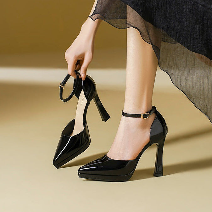 Women’s Patent Leather Ankle Strap High Heels – Elegant Pointed Toe Pumps