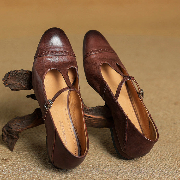 Women's Classic Mary Jane Shoes - T-Strap Buckle - Cowhide Leather - Low Heel