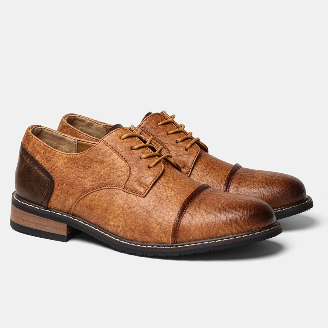 Men’s Round Toe Faux Leather Lace-Up Dress Shoes with Cap Toe Design