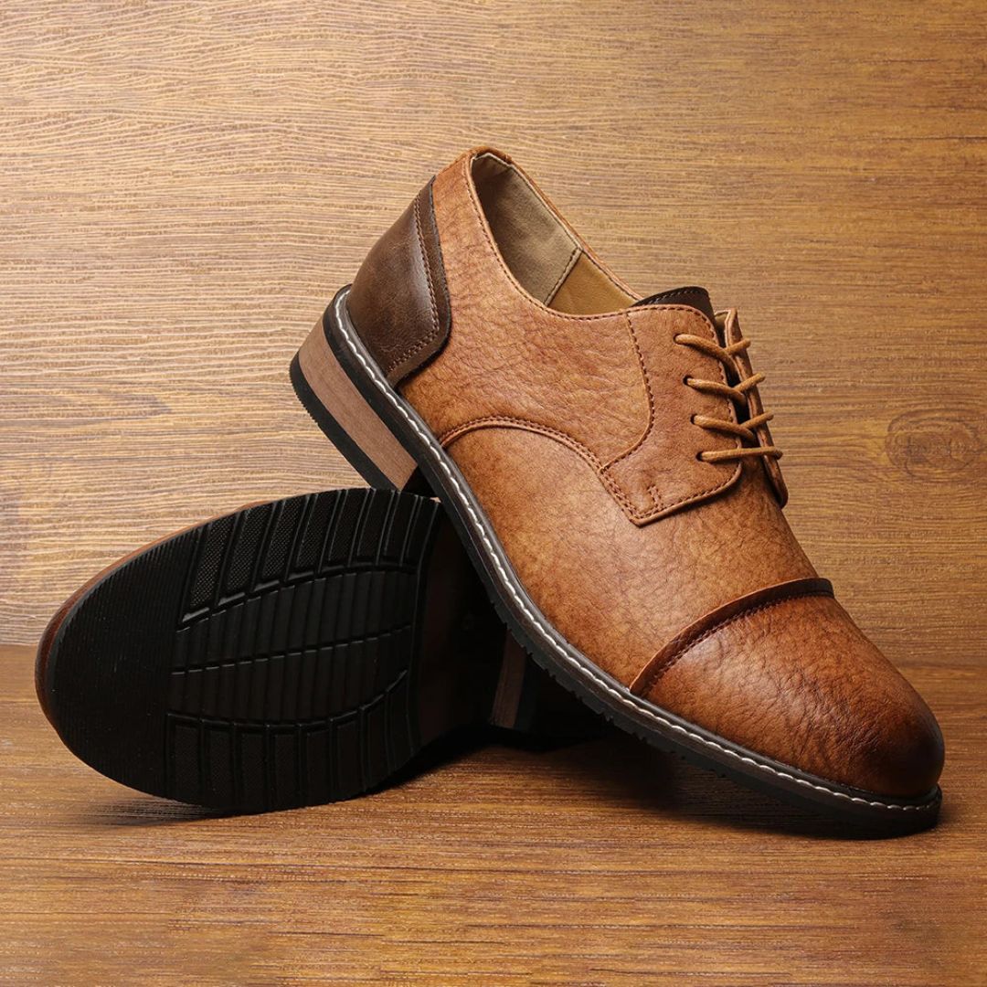 Men’s Round Toe Faux Leather Lace-Up Dress Shoes with Cap Toe Design