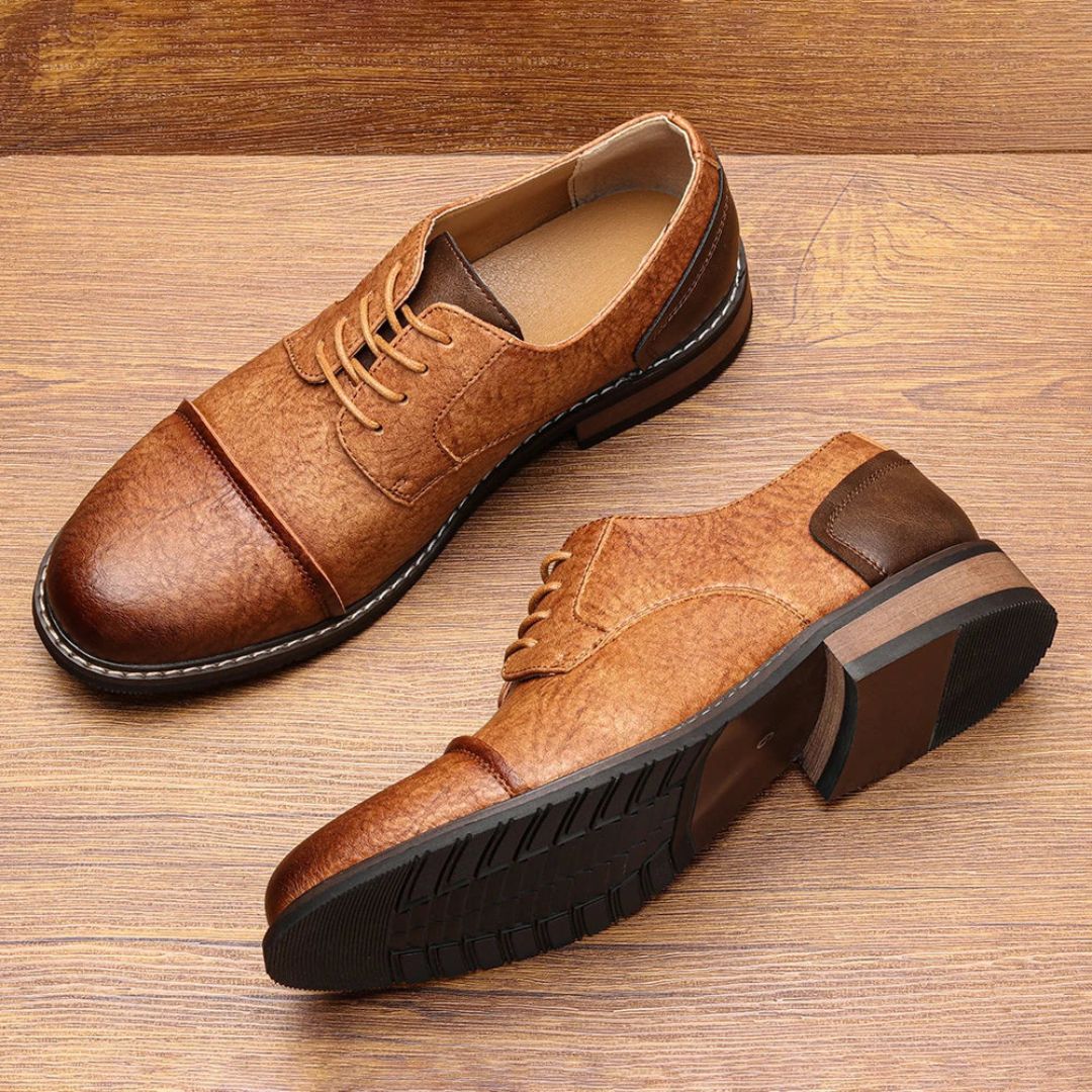 Men’s Round Toe Faux Leather Lace-Up Dress Shoes with Cap Toe Design