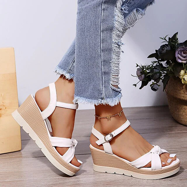 Women’s Open Toe Wedge Sandals with Platform Sole and Ankle Strap Buckle