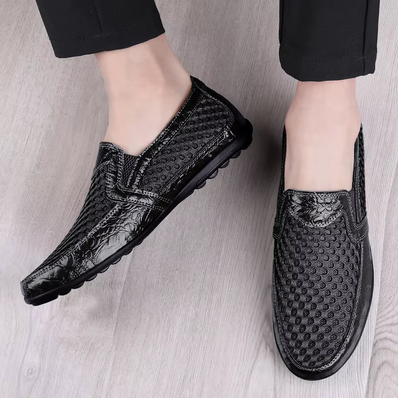 Men’s Round Toe Mesh Faux Leather Loafers with Breathable Perforated Upper