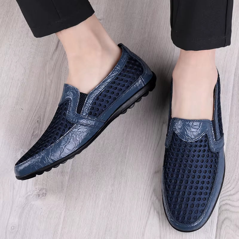 Men’s Round Toe Mesh Faux Leather Loafers with Breathable Perforated Upper