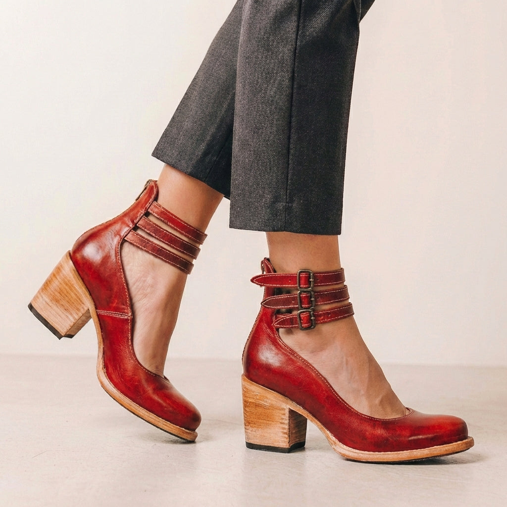 Women’s Rounded Toe Block Heel Pumps with Buckled Ankle Straps and Cut-Out Sides