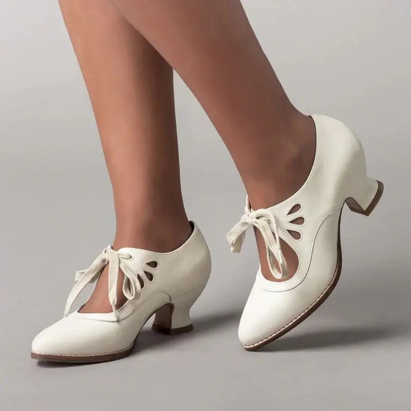 Women’s Round Toe Faux Leather Lace-Up Heels with Cut-Out Detail and Sculpted Heel