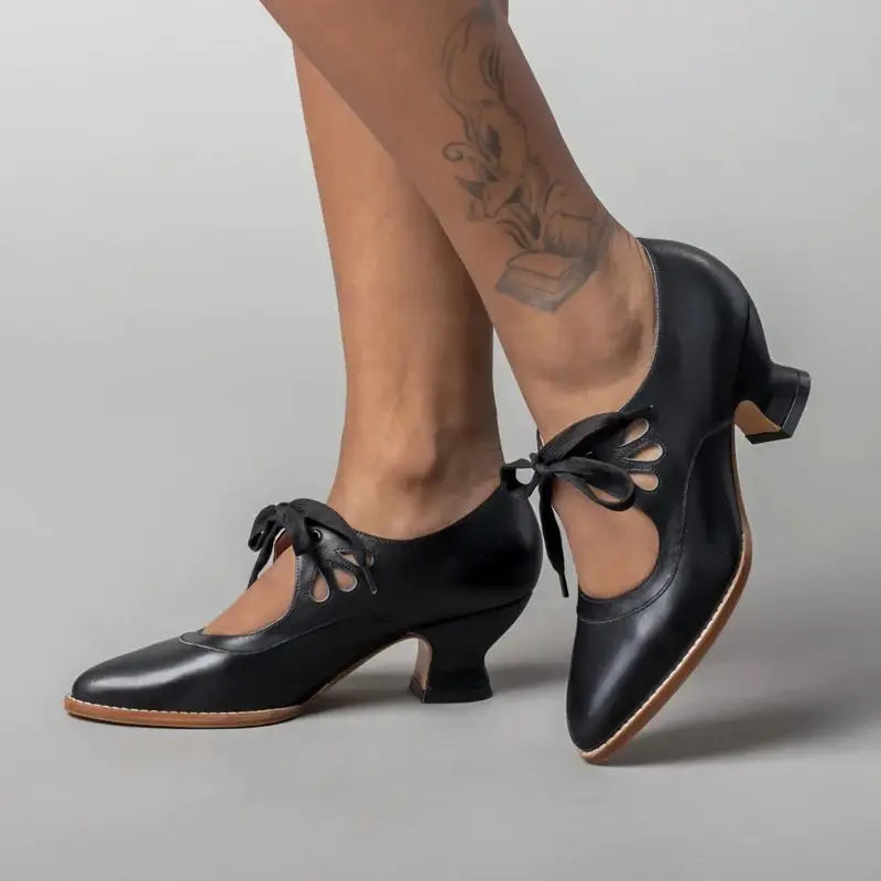 Women’s Round Toe Faux Leather Lace-Up Heels with Cut-Out Detail and Sculpted Heel