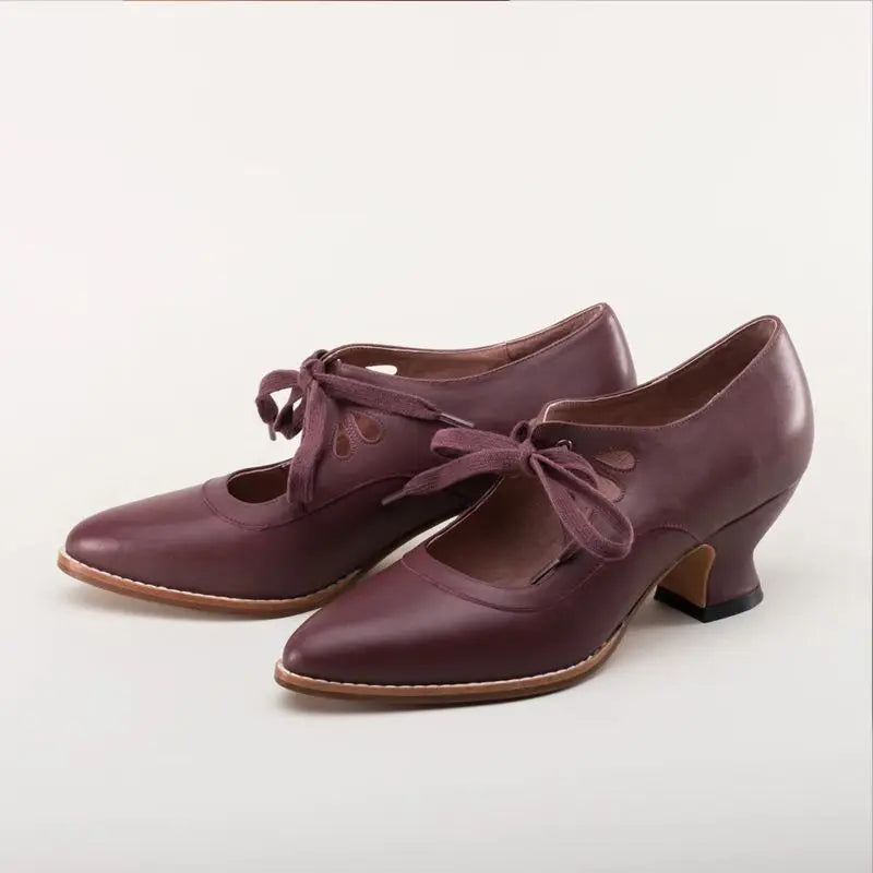 Women’s Round Toe Faux Leather Lace-Up Heels with Cut-Out Detail and Sculpted Heel