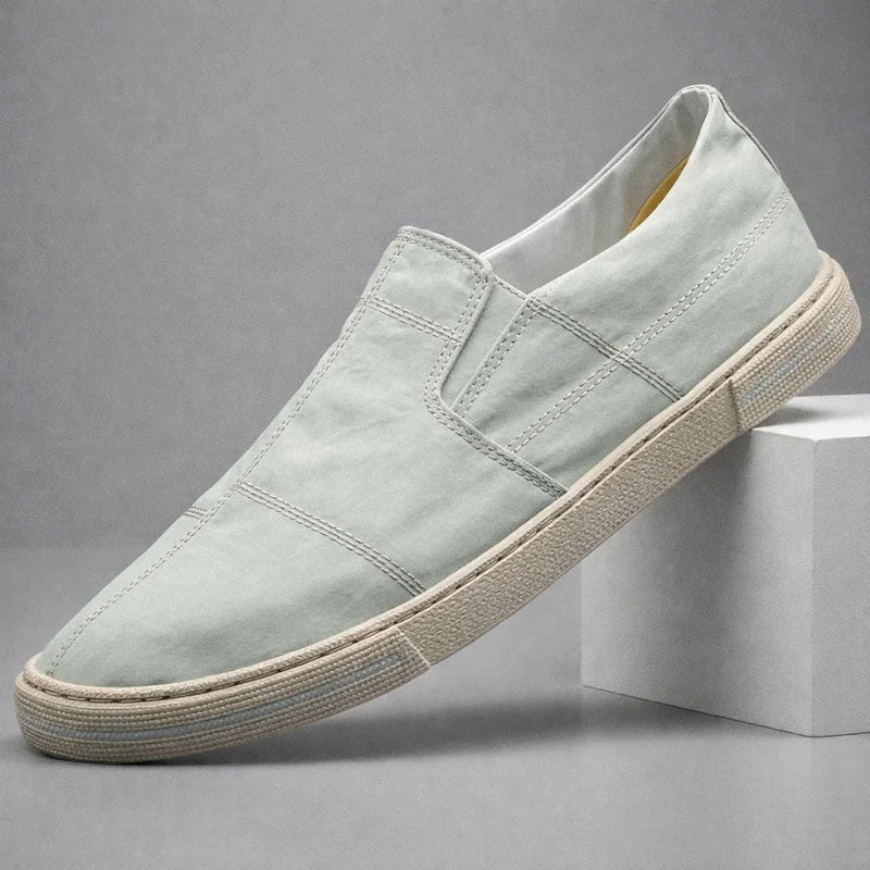 Men's Canvas Slip-On Shoes - Round Toe - Stitched Panel Upper - Flat Sole