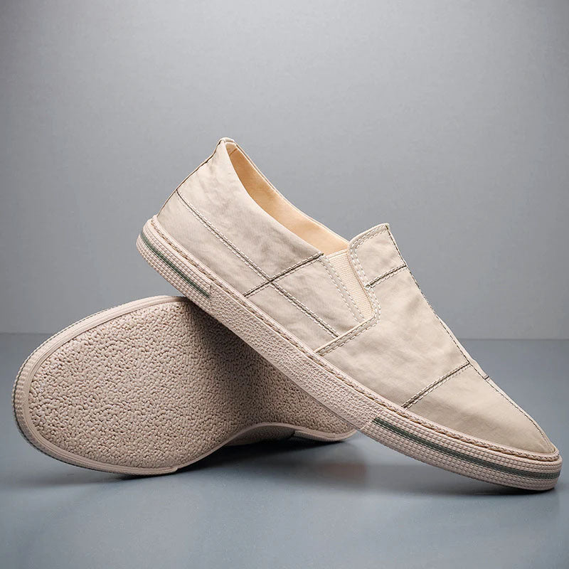 Men's Canvas Slip-On Shoes - Round Toe - Stitched Panel Upper - Flat Sole