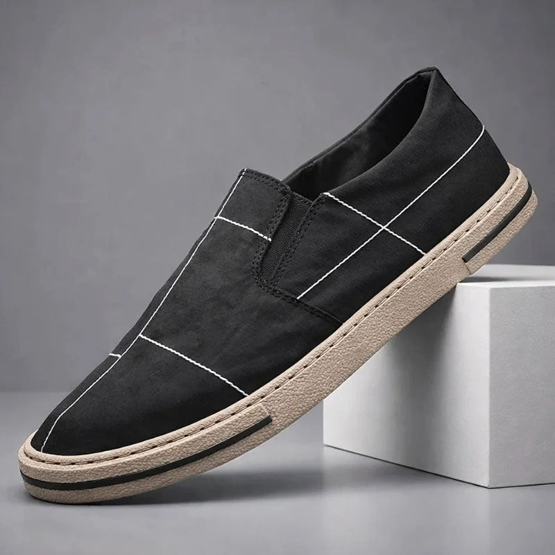 Men's Canvas Slip-On Shoes - Round Toe - Stitched Panel Upper - Flat Sole