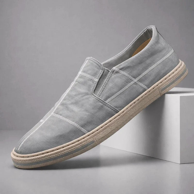 Men's Canvas Slip-On Shoes - Round Toe - Stitched Panel Upper - Flat Sole