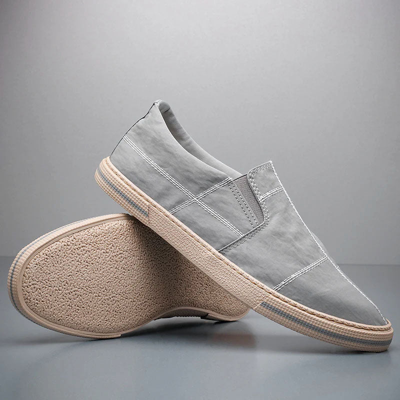 Men's Canvas Slip-On Shoes - Round Toe - Stitched Panel Upper - Flat Sole