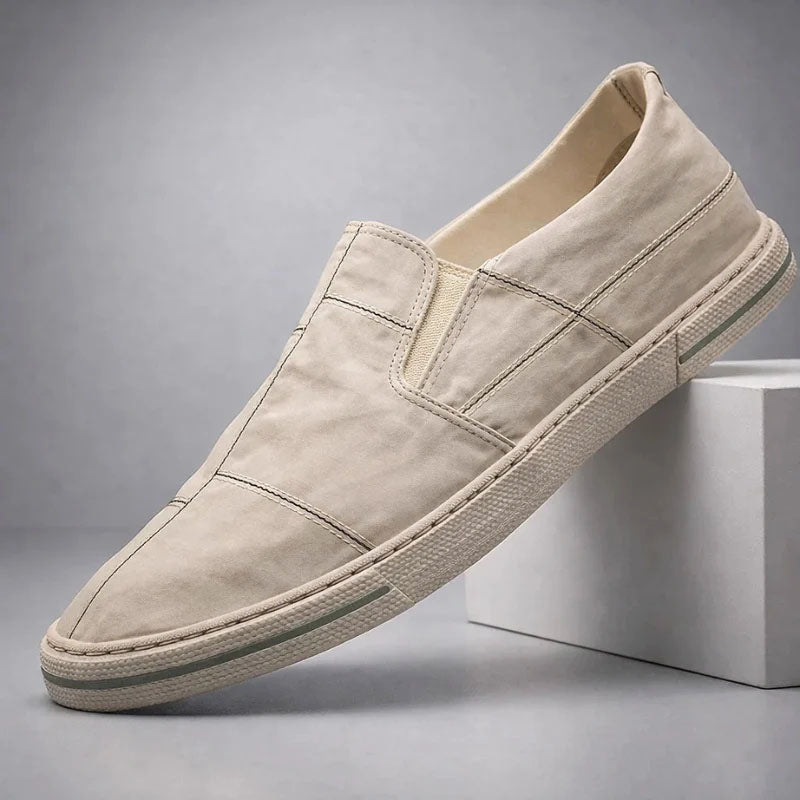 Men's Canvas Slip-On Shoes - Round Toe - Stitched Panel Upper - Flat Sole