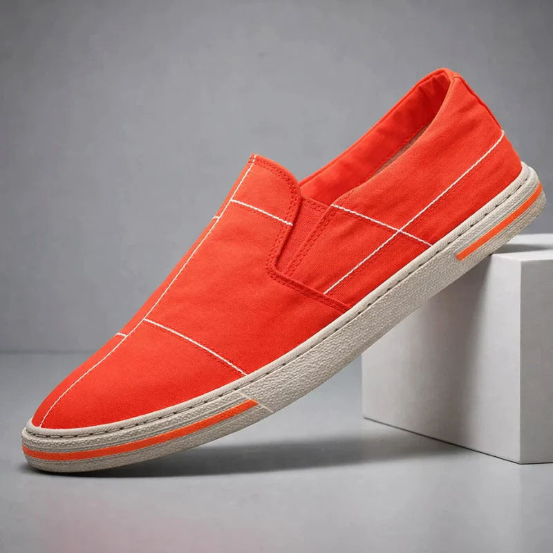 Men's Canvas Slip-On Shoes - Round Toe - Stitched Panel Upper - Flat Sole