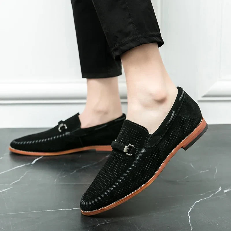 Men’s Slip-On Loafers with Almond Toe, Perforated Upper, and Flat Sole