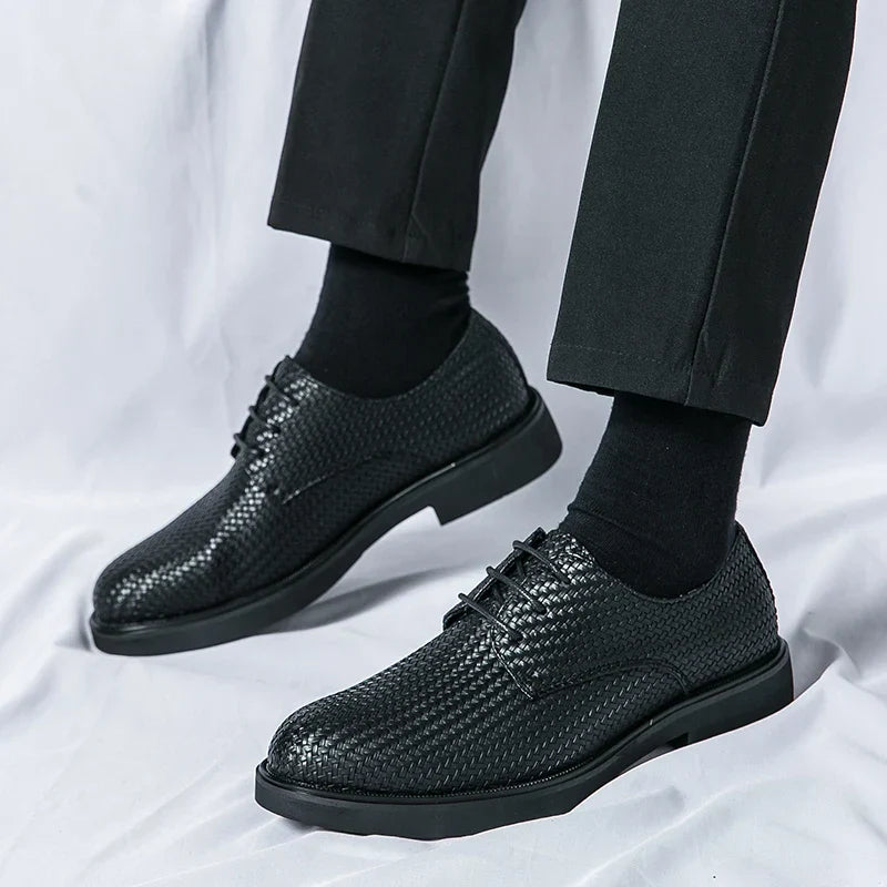 Men's Oxford Dress Shoes - Round Toe - Woven Texture Upper - Lace-Up - Black