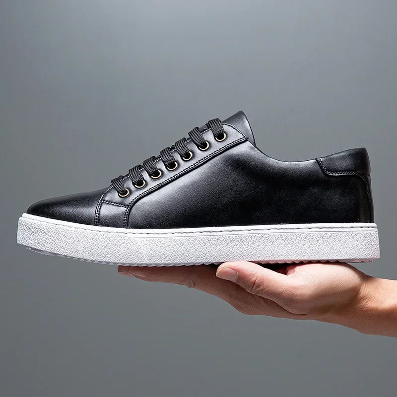 Men’s Faux Leather Low-Top Lace-Up Sneakers with White Rubber Sole