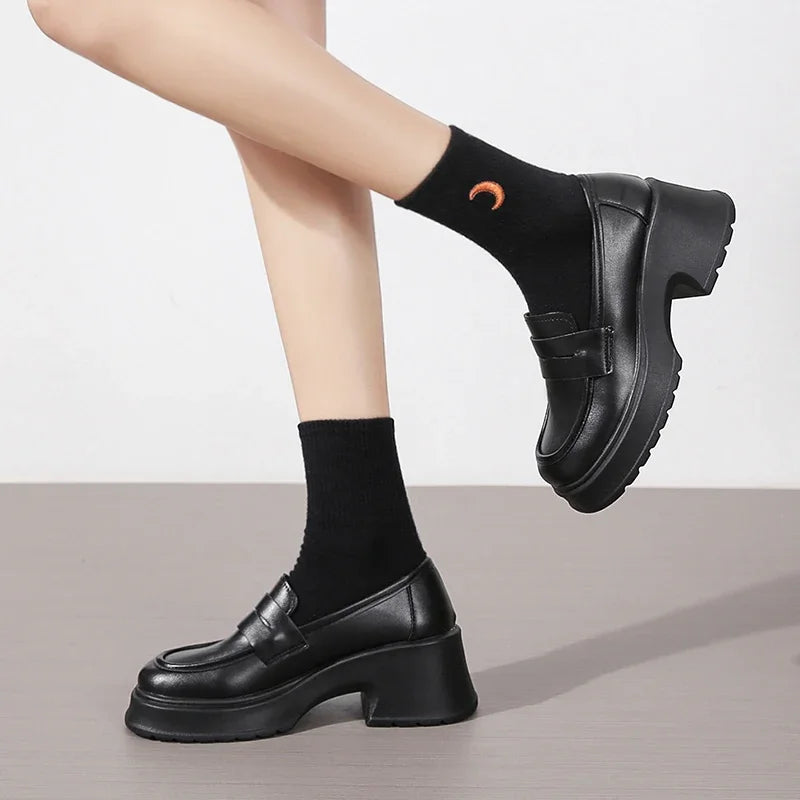 Women's Platform Loafers – Square Toe Slip-On Chunky Heel Loafers