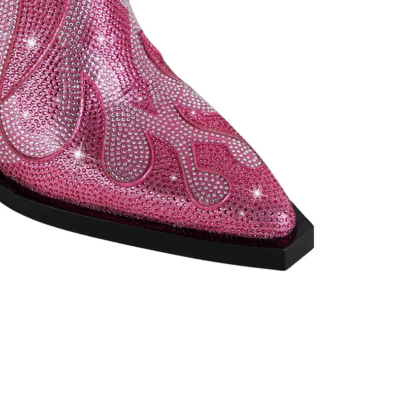 Women's Rhinestone Western Ankle Boots - Pointed Toe Block Heel