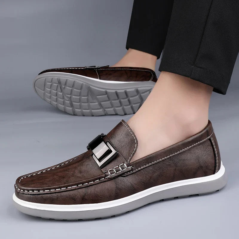 Men’s Almond Toe Slip-On Loafers with Metal Bit Detail and Flat Rubber Sole