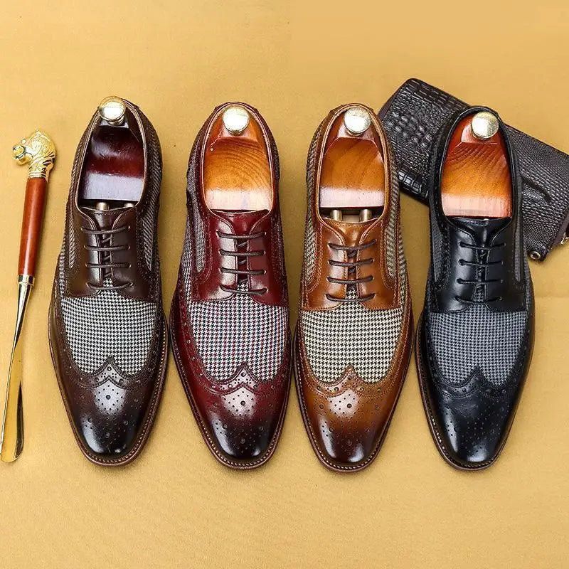Men’s Lace-Up Leather Brogue Oxford Shoes with Almond Toe and Low Heel