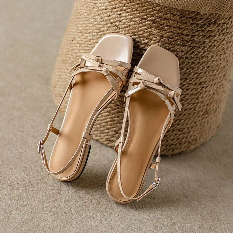 Women's Strappy Sandals - Square Toe - Slingback Buckle - Low Block Heel