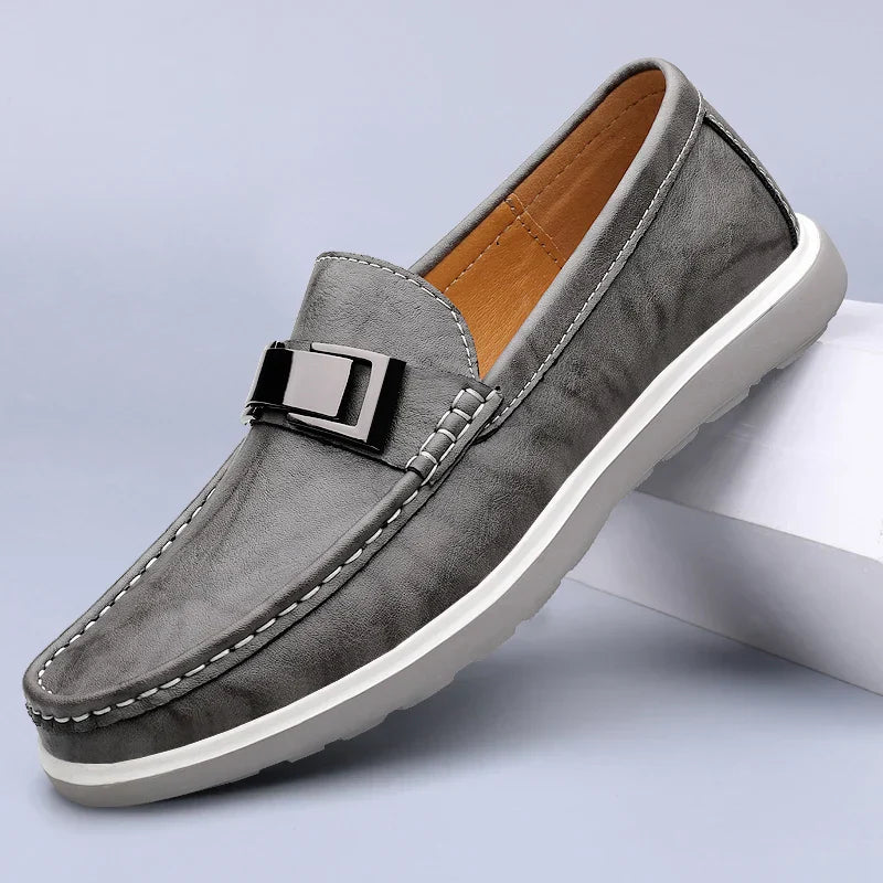 Men’s Almond Toe Slip-On Loafers with Metal Bit Detail and Flat Rubber Sole