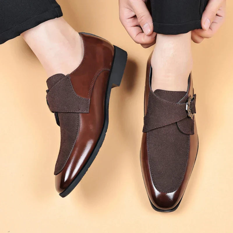 Men’s Almond Toe Monk Strap Dress Shoes with Buckle Closure and Low Block Heel