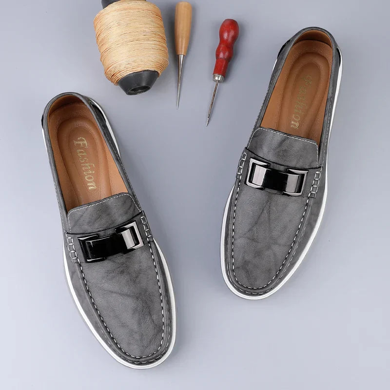 Men’s Almond Toe Slip-On Loafers with Metal Bit Detail and Flat Rubber Sole