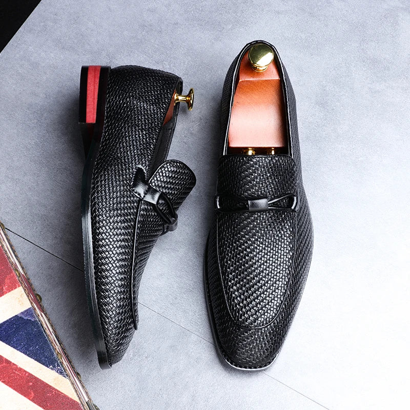Men's Penny Loafers - Pointed Toe - Woven Texture Upper - Low Block Heel
