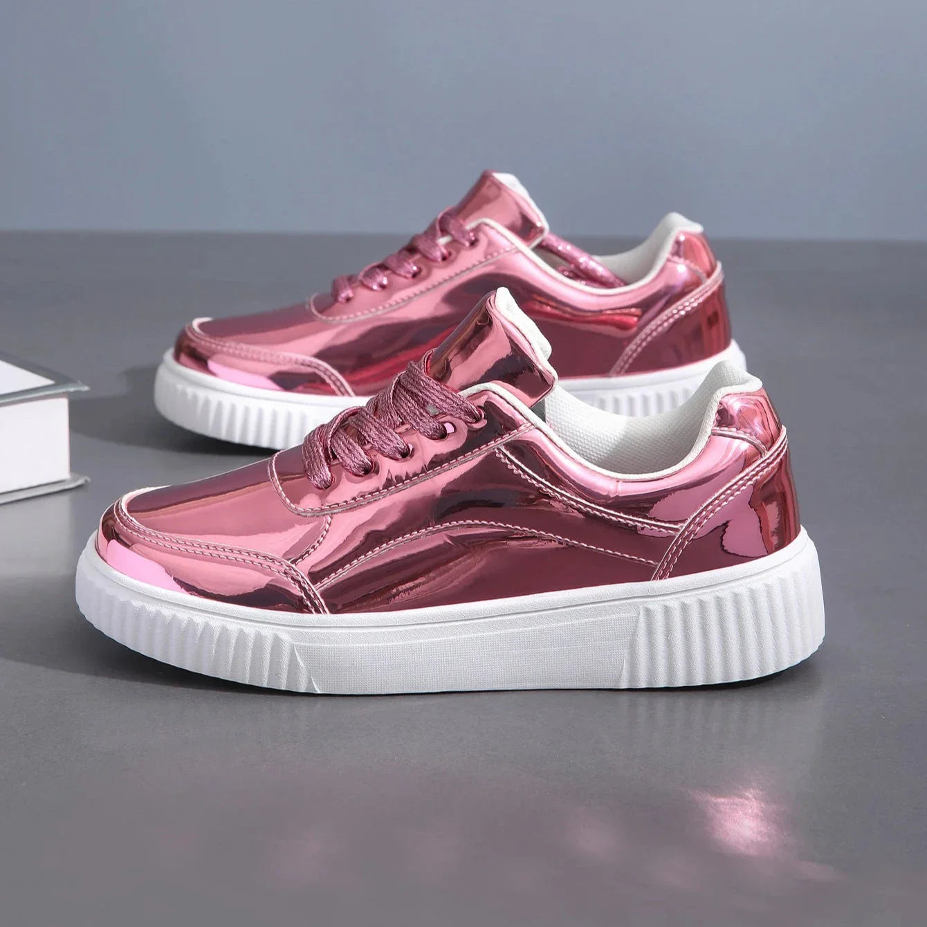 Women's Metallic Platform Sneakers - Round Toe Lace-Up Low-Top