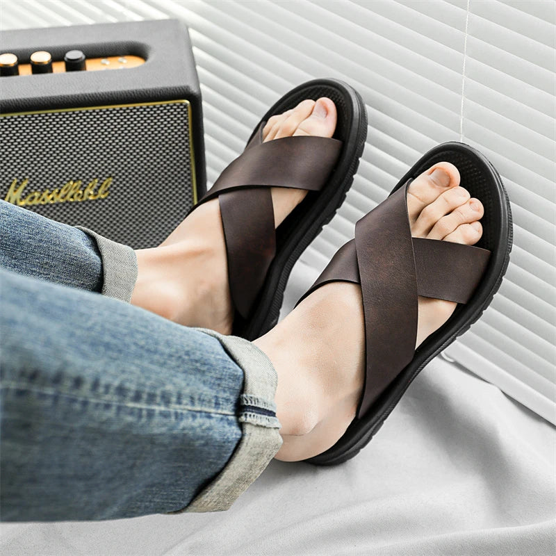 Men's Cross-Strap Slide Sandals - Open Toe - Flat Rubber Sole