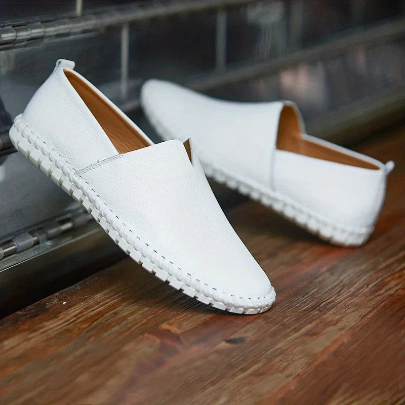 Men’s Slip-On Leather Summer Loafers with Almond Toe and Stitched Flat Sole