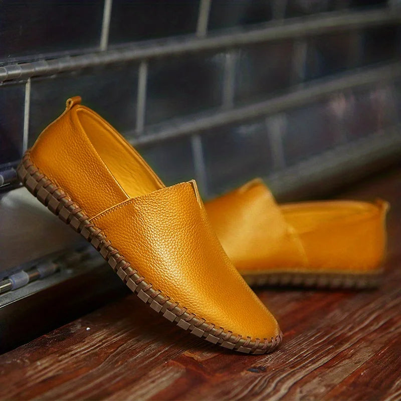 Men’s Slip-On Leather Summer Loafers with Almond Toe and Stitched Flat Sole