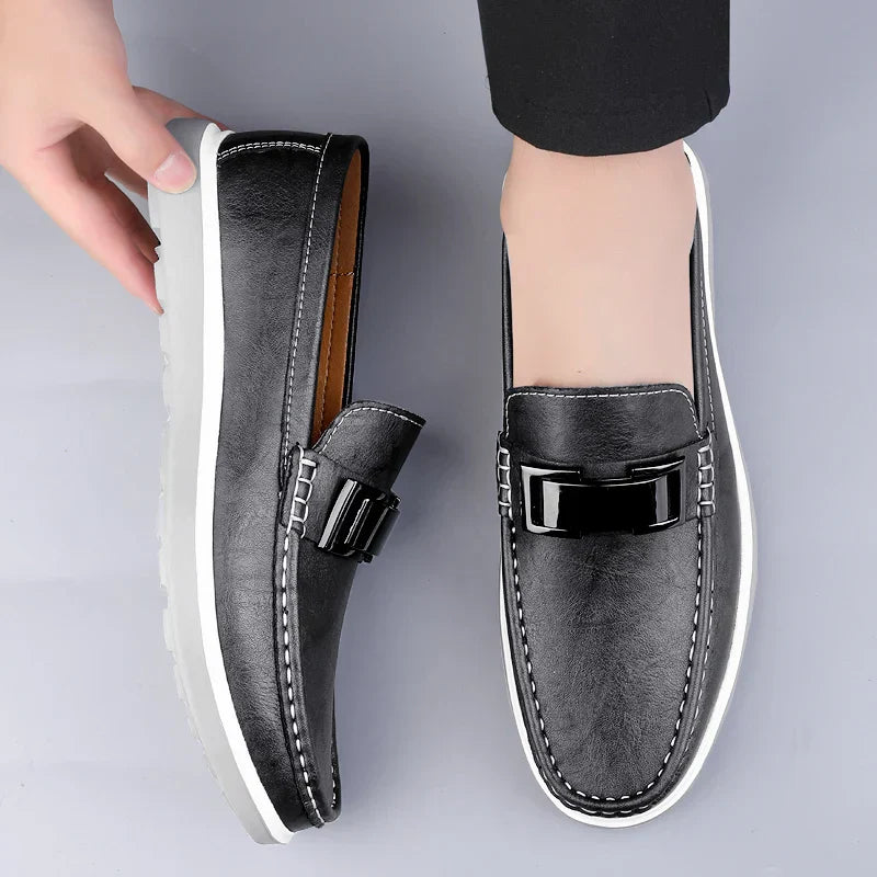 Men’s Almond Toe Slip-On Loafers with Metal Bit Detail and Flat Rubber Sole