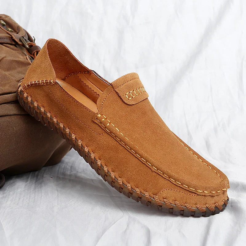 Men's Suede Slip-On Loafers - Rounded Toe - Stitched Moccasin Sole