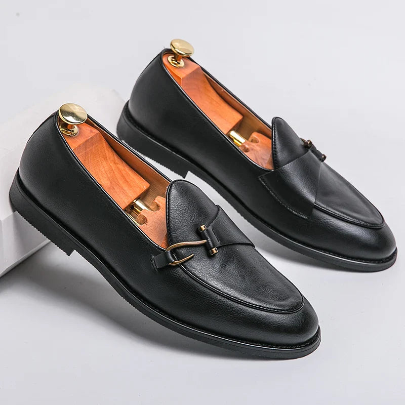 Men’s Classic Slip-On Loafers with Rounded Toe and Metal Detail
